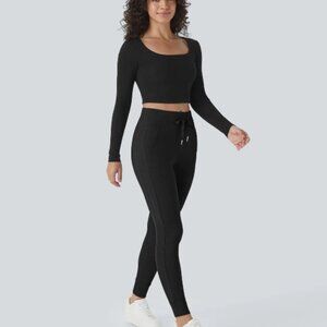 Plush High Waisted Drawstring Pocket Plain Full Length Joggers